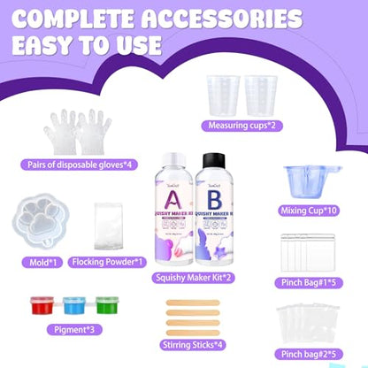 Liquid Silicone Taba Squishy Kit, 7oz 1:1 AB Ratio, Super Soft Fast Cure Silicone Rubber, Bubble Free DIY Squishy Maker with Cat's Paw Mold & Flocking Powder, Stress Relief Decompression Gift - color: 7oz