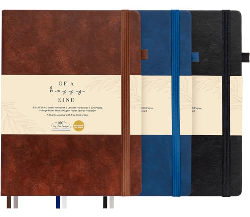 3 Pack Classic Hardcover Lined Notebooks - 8.5x11" A4 Leather Journal with 200 Pages, Sticky Tabs, Pockets, Pen Loop & Ribbon Bookmarks - Large Notebooks for Work, School, Journaling - Campus Notebook - color: Brown, Black, Blue, size: A4 200 Pages