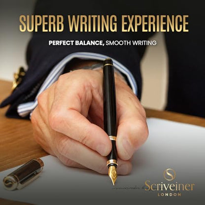 Scriveiner Luxury Fountain Pen - Stunning Black Lacquer Pen, Real Gold Finish, Schmidt Gilded Nib (Broad), Converter, Best Pen Gift Set for Men & Women, Professional, Executive, Office, Nice Pens - color: 1. Black with Gold, style: Broad Nib