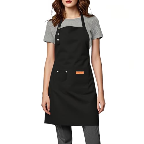 Kitchen Cooking Apron for Women Men Water-Resistant Artist Barista Baking Craft Catering Work Bib with Large Pockets - color: Black