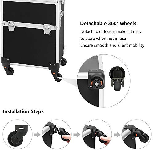 mefeir 3 in 1 Rolling Makeup Train Case, Aluminum Makeup Travel Organizer Cosmetic Case, Cosmetology Display Suitcase on Wheels, Beauty Storage Luggage Lockable w/4 Removable Wheels, Black - color: Black