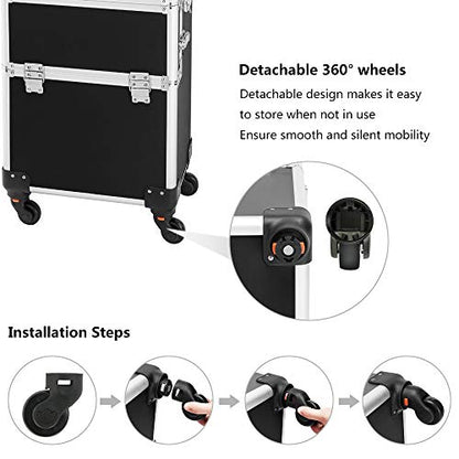 mefeir 3 in 1 Rolling Makeup Train Case, Aluminum Makeup Travel Organizer Cosmetic Case, Cosmetology Display Suitcase on Wheels, Beauty Storage Luggage Lockable w/4 Removable Wheels, Black - color: Black
