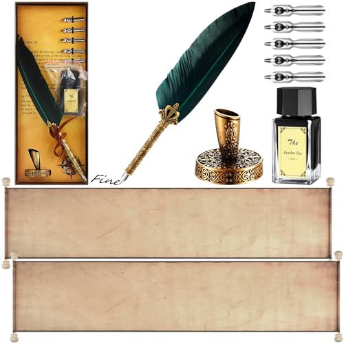 Epakh 2 Blank Scroll Paper with Wood Rods and 1 Feather Pen Set Vintage Scroll Prop Calligraphy Quill Pen with Nibs Inkwell Stand for Nice List Wedding Vows Writing Cosplay Prop Invitation