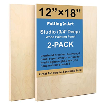 Falling in Art Unfinished Birch Wood Panels Kit for Painting, Wooden Canvas 2 Pack of 12x18 Studio 3/4" Deep, Cradle Boards for Pouring, Art, Crafts, Burning and More - size: 12'' x 18''
