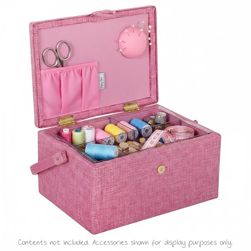 Hobby Gift Medium Sewing Box Organiser, Fabric Covered Storage Box with Handle, Internal Tray, Pin Cushion and Pocket for Sewing, Quilting and Knitting Supplies - color: Cherries