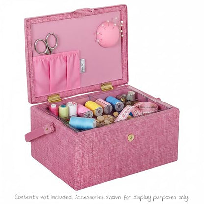 Hobby Gift Medium Sewing Box Organiser, Fabric Covered Storage Box with Handle, Internal Tray, Pin Cushion and Pocket for Sewing, Quilting and Knitting Supplies - color: Cherries