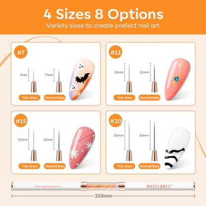 modelones Nail Art Brushes, Super Fine Liner Nail Brush Kit Dual-ended 7/11/15/20mm for Gel Polish Thin Lines, Precise Details, Fine Drawing Painting Design Acrylic Rhinestone Handle Salon & DIY Use - color: orange