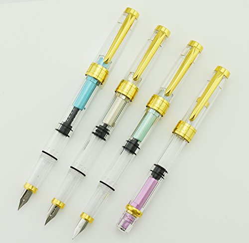 Lanxivi 4 PCS Yongsheng 3008 Piston Fountain Pen Fine Nib Transparent Diversity Color Gold Trim Set - color: 3008 Gold Trim F