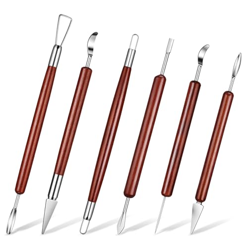 6 PCS Sculpting Tools, Stainless Steel Double Head Air Dry Clay Tools Wooden Handle Polymer Clays Tool for Carving Making Pumpkin Pottery Embossing Shaping DIY Crafts Supplies