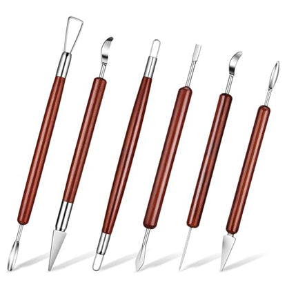 6 PCS Sculpting Tools, Stainless Steel Double Head Air Dry Clay Tools Wooden Handle Polymer Clays Tool for Carving Making Pumpkin Pottery Embossing Shaping DIY Crafts Supplies