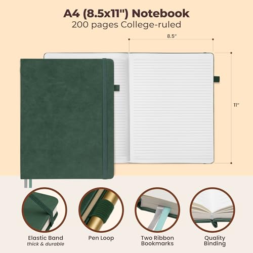 Classic Lined Journal Notebook 8.5x11" A4 Hardcover Leather - Green - 200 Pages College Ruled Large with Sticky Tabs, Pockets, and Pen Loop for Writing and Journaling - Big Hardback Men and Women - color: Green, size: A4 200 Pages