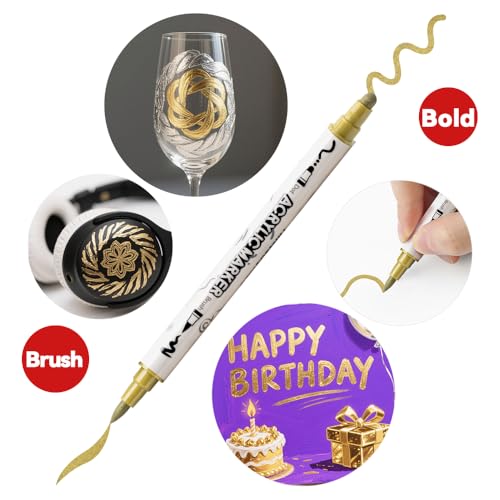 TRANSON 4 Silver and 4 Gold Paint Markers Brush and Bold Dual-tip Acrylic Paint Marker Set for Rock Painting Glass Canvas Wood Leather Ceramic Painting - style: Bold and Brush 4 Gold and 4 Silver