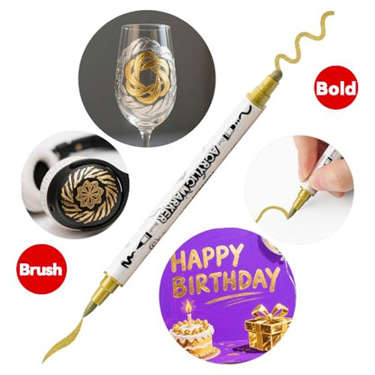 TRANSON 4 Silver and 4 Gold Paint Markers Brush and Bold Dual-tip Acrylic Paint Marker Set for Rock Painting Glass Canvas Wood Leather Ceramic Painting - style: Bold and Brush 4 Gold and 4 Silver