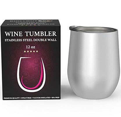 CHILLOUT LIFE 12 oz Stainless Steel Wine Tumbler with Lid - Double Wall Vacuum Insulated Wine Cup Glass Keeping Cold & Hot for Coffee, Champagne, Cocktails, Ice Cream - Dishwasher Safe Finish - color: Stainless Steel, style: 1 Pack