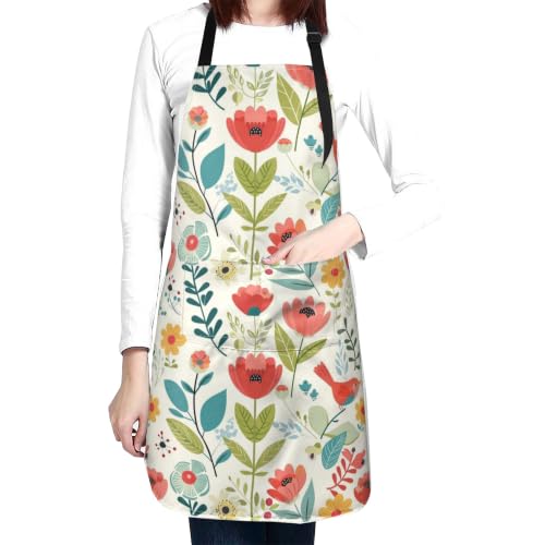 Cream Pastel Wildflower Art Waterproof Apron with Pockets | Garden Aprons for Men Women Adjustable Bib Apron for Cooking Kitchen Baking BBQ Painting Housework Oil Resistant - color: Soft Teal Floral Design