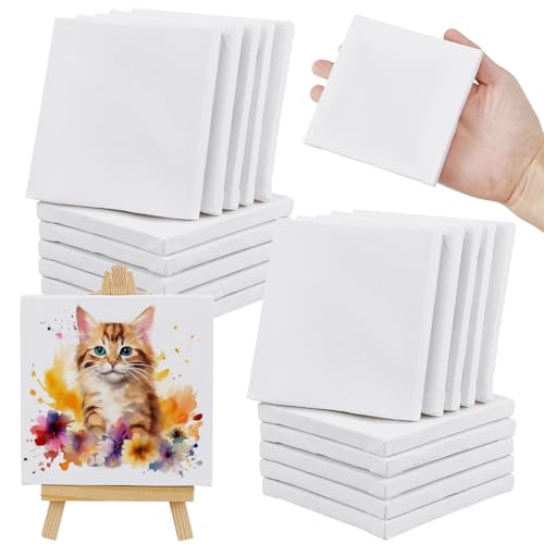 INFUNLY 60 PCS Small Canvas for Painting 4x4Inch Mini Blank Canvas Panels 10mm Thick Paint Canvases Square Painting Canvases Surface Mat for School Projects Birthday Party and Wall Decor