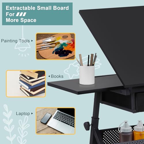 ZENY Adjustable Drafting Table with Stool, Tilting Drawing Desk Artist Table with Storage Drawers, Art Craft Workstation for Home Office Reading, Writing, Crafting - color: Black