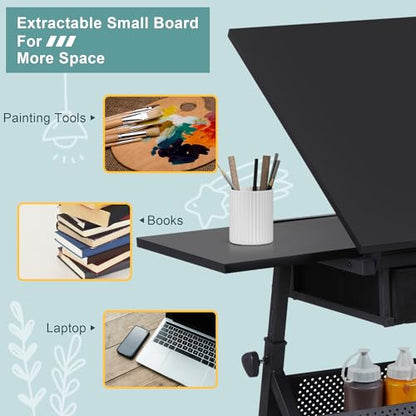 ZENY Adjustable Drafting Table with Stool, Tilting Drawing Desk Artist Table with Storage Drawers, Art Craft Workstation for Home Office Reading, Writing, Crafting - color: Black