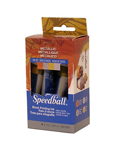 Speedball Water-Soluble Metallic Block Printing Ink Set – 4 Iridescent Colors With Satiny Finish - 1.25 FL OZ Tubes