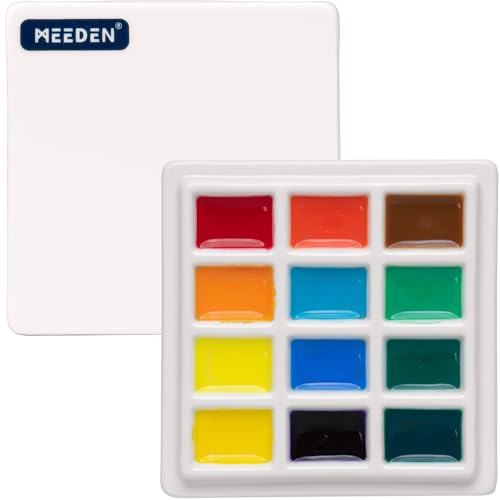 MEEDEN Ceramic Watercolor Palette with Cover, 12-Well White Porcelian Mixing Tray Artist Painting Palette with Lid, Square Painting Tray Palettes for Watercolor Gouache Acrylic Painting, 3¾" x 3¾" - size: 12-well