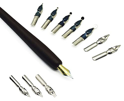 Plotube Wooden Pen Calligraphy Set - Dip Pen Gift Writing Case - Black Ink Bottle & Golden Holder & 11 Nibs and Beginner's Manual - color: Black