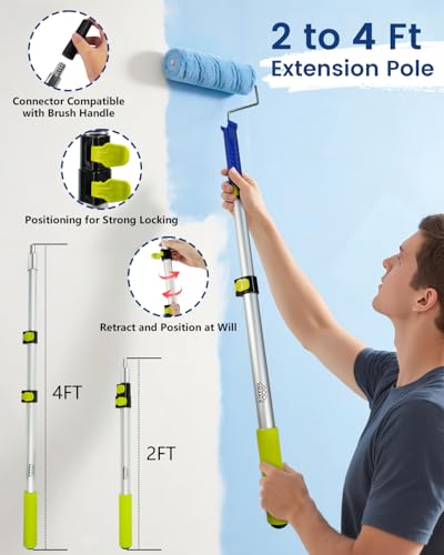 32PCS Paint Roller Kit with Extension Pole - 2 to 4 FT Pole, 4 inch 9 inch Paint Rollers, Paint Brushes for Walls, Painters Tape & Drop Cloth, Microfiber Roller Covers for Professional Painting - size: 32PCS