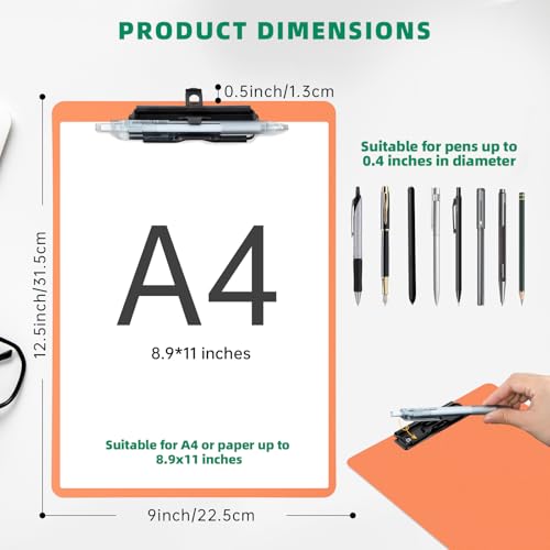 FRETONBA Orange Clipboard with Pen Holder, Set of 6 Plastic Clipboard with Low Profile Metal Clip, Hanging Clipboards Holds 8.5x11 Inch Papers, Standard A4 Letter Size Clip Boards for Office & School - style: 6 Pack-Orange