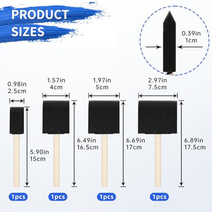4 PCS Foam Paint Brushes Set, 1" 1.57" 2" 3" with Wooden Handle | Sponge Paint Brush, Details or Large Area Painting, Staining, Varnishes & DIY Craft Projects, Sponge Painting Tools
