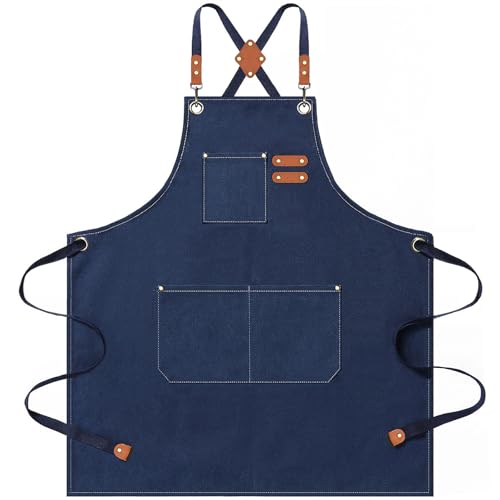 AFUN Aprons for Men Women with Large Pockets, 16-Ounce Cotton Canvas Cross Back Apron - color: Dark Blue