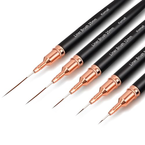 Komall Metallic Nail Art Brushes, 5Pcs Liner Brush Set, UV Gel Polish Painting Art Design Pen for Long Lines, Thin Details, Fine Drawing Sizes 4/8/12/20/25mm(Black) - color: Black