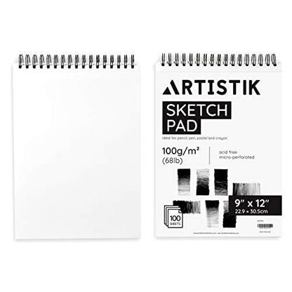 ARTISTIK Spiral Sketch Pad – 100-Sheet Perforated Sketchbook for Pencil, Pastel & Crayon – 100 g/m²(68lb) Mixed Media Sketching & Writing Pad – 9" x 12", Pack of 2 - size: Sketch Pad 9 x 12"