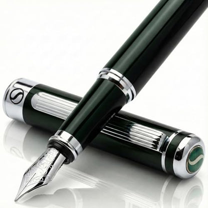 Scriveiner Black Green Fountain Pen - Stunning Luxury Pen with Chrome Finish, Schmidt Nib (Fine), Best Pen Gift Set for Men & Women, Professional, Executive, Office, Nice Pens - color: 13. Very Dark Black Green with Chrome, style: Fine Nib