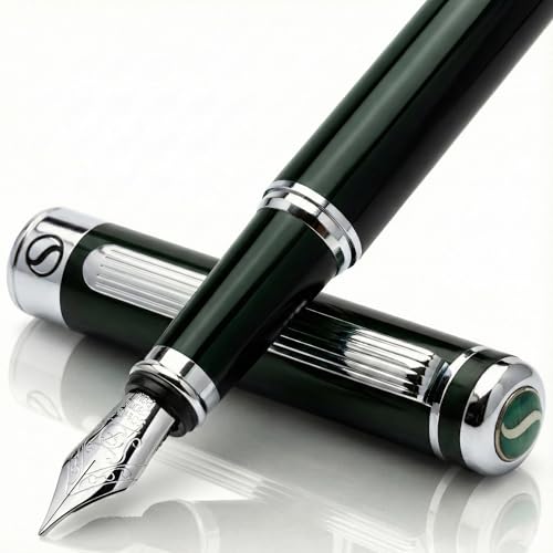 Scriveiner Black Green Fountain Pen - Stunning Luxury Pen with Chrome Finish, Schmidt Nib (Fine), Best Pen Gift Set for Men & Women, Professional, Executive, Office, Nice Pens - color: 13. Very Dark Black Green with Chrome, style: Fine Nib