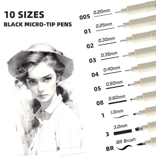 MIPOR PEN LINE Black Fineliner Set 10pcs, Micro-Line Drawing Pens with Multiple Nib Sizes for Art Sketching, Illustration, Technical Drawing