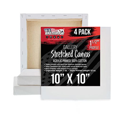 U.S. Art Supply Square Stretched Canvas for Painting 10x10 inch Gallery Depth 1-1/2" Thick, 4-Pack - 12oz Acrylic Gesso Triple Primed, Professional Artist Quality, 100% Cotton - Pouring, Oil Paint - size: 10" x 10"