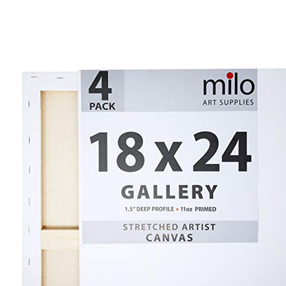 milo Stretched Artist Canvas | 18x24 inches | 4 Pack | 1.5” inch Thick Gallery Profile | 11 oz Primed Large Canvases for Painting, Ready to Paint Art Supplies for Acrylic, Oil - size: 18" x 24" Pack of 4