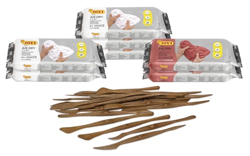 Jovi - Air Dry Clay Set, 5 White and 2 Terracotta 1.1 lb Bars + 20 Tools | Total 7.7 lb Clay + Plastic Container, Easy to Store and Carry, Pottery Supplies