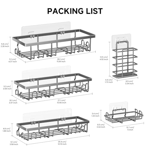 Shower Caddy, 5 Pack Shower Shelves for Inside Bathroom, Rustproof Adhesive Bathroom Organizer with Soap Holder, No Drilling Washroom Organizers and Storage for Bathtub Room/Kitchen/Home, Grey