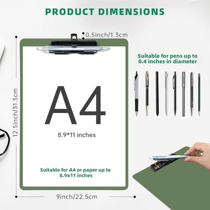 FRETONBA Clipboard with Pen Holder, 6 Pack Plastic Clipboard with Low Profile Metal Clip, Hanging Clip Boards Holds 8.5x11 Inch Papers, Standard A4 Letter Size Clip Boards for Offices & School, Green - style: 6 Pack-Green
