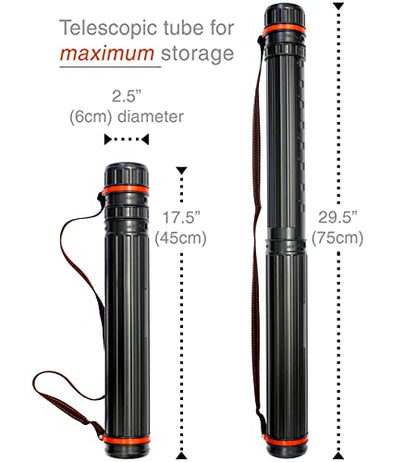 VViViD 17.5” - 29.5” inch Black Telescoping Storage Tube, with Carrying Strap, for Posters, Documents, Art, Blueprints, and More