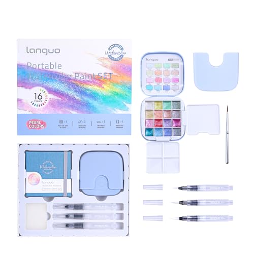 Mini Watercolor Paint Set 16 Colors, Pocket Travel Art Kit with Watercolor Paint, Water Brush Pens, Palette, Watercolor Book, Sponge, Bottle, for Artists, Beginner Art Supplies - Pearl Color - color: Pearl Color