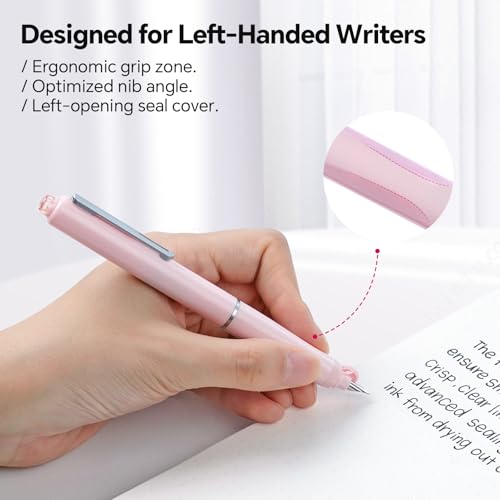 WRITECH Left Handed Fountain Pen: Fine Nib Retractable Style Black Ink Set Includes 5 Ink Cartridges Smooth Writing for Calligraphy Journaling Office Gift - color: Pink