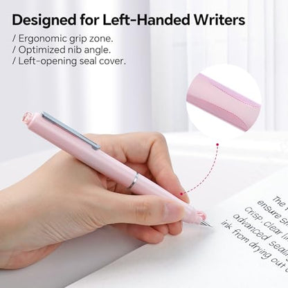 WRITECH Left Handed Fountain Pen: Fine Nib Retractable Style Black Ink Set Includes 5 Ink Cartridges Smooth Writing for Calligraphy Journaling Office Gift - color: Pink