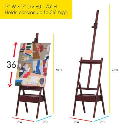 MEEDEN Studio H-Frame Easel with Art Supply Storage Drawer - Adjustable (60"~75") Wood Easel Stand for Artists, Adults and Students, Holds Canvas Art up to 35" - Deep Walnut - color: Deep Walnut