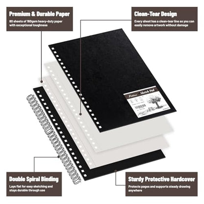 KAKKUE 9" x 12" Hardcover Sketch Book, 160gsm/80 Sheets Thick Sketch Paper Pad for Drawing & Illustration, Spiral Bound Mixed Media Art Sketchbook, Acid-Free Perforated for Artists, Beginners & Kids - size: 9*12 inch