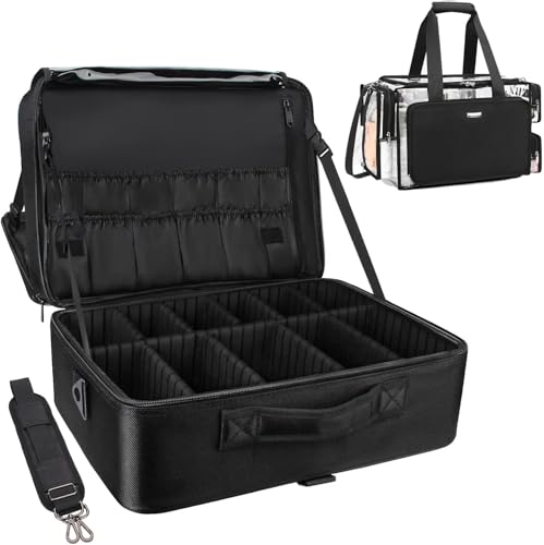 Relavel Extra Large Makeup Case and Clear Makeup Bag, Travel Cosmetic Train Case Professional Makeup Artist Bag with Adjustable Dividers and Shoulder Strap, Portable Nail Organizer Box (Black) - color: Black with Clear Bag, size: Extra Large