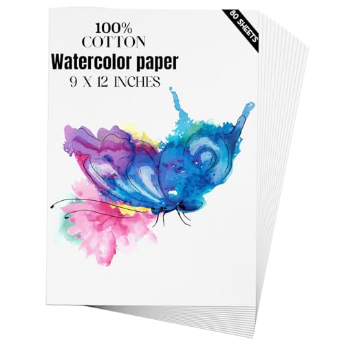 Watercolor Paper 9x12 inches 80 Sheets,Heavyweight Artist Paper 140lb/300GSM Cold Press Natural Cotton Paper for Students Artists Watercolor Drawing - size: 9X12