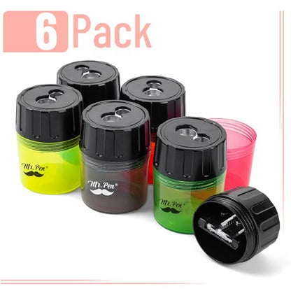 Mr. Pen- Pencil Sharpeners Manual, 6 Pack, Dual Hole | Colorful Handheld Pencil Sharpener, Compatible with Standard and Jumbo Pencils, Screw-On Lid, Stainless Steel Blade - color: Green, Yellow, Blue, Pink, Black, Red, size: 6 Pack