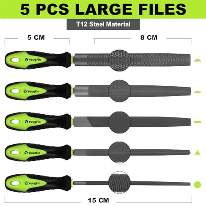 19 pcs File Set, Includes 5 pcs Large Steel Files, 12 pcs Jewelers File Set and Wire Brushes Ideal Hand File Tools for Woodwork, Metal, Model Applications - style: 19 Pieces