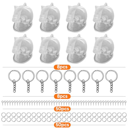 Resin Skull Molds, 8 PCS Flexible Clear Silicone Molds with Key Ring Accessory, 3D Skull Head Molds for Candle Making, Home Decor & Halloween Decoration